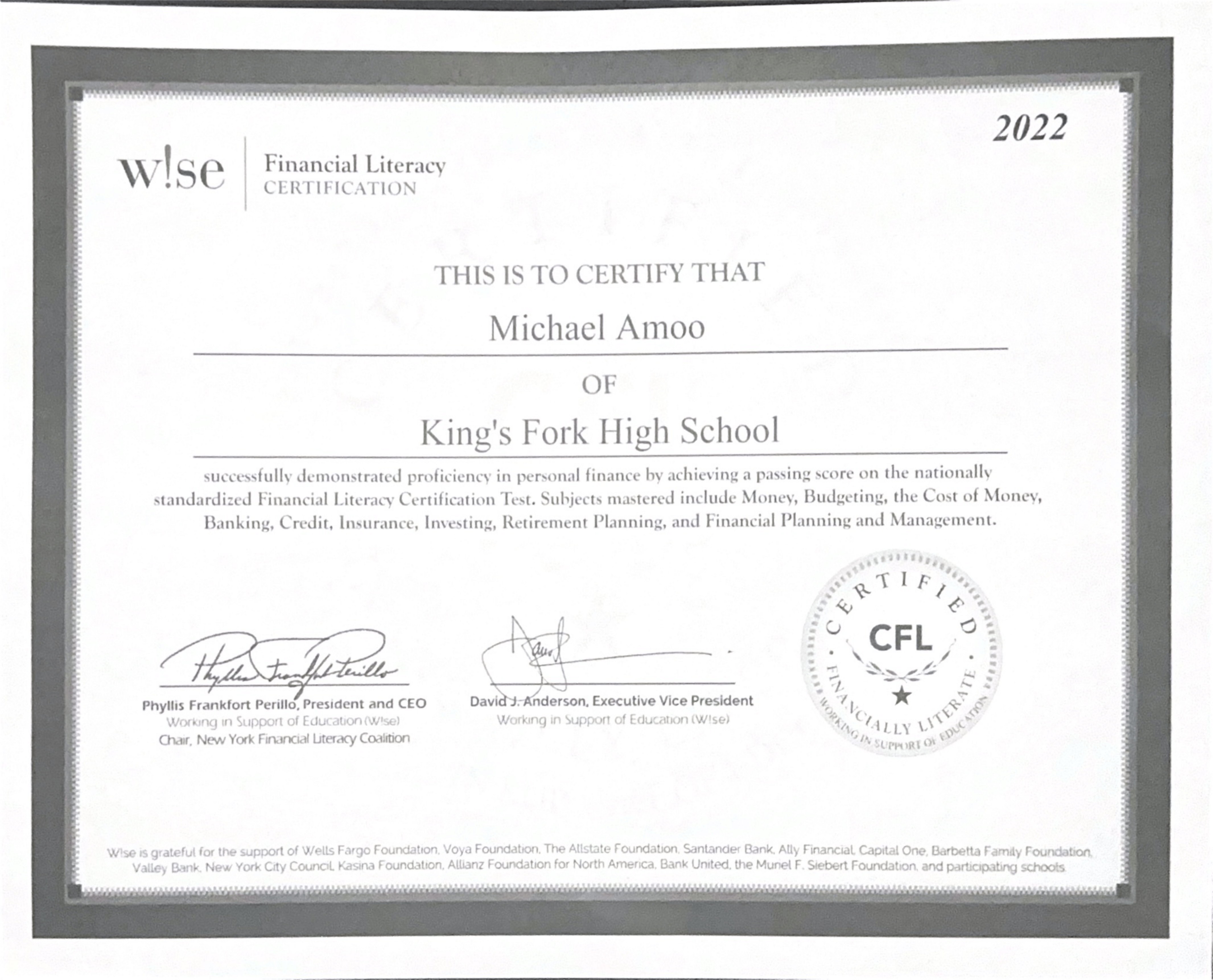 W!SE Financial Literacy Certificate